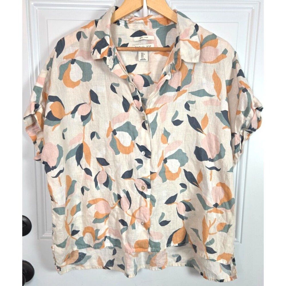 Rachel Zoe Linen Short Sleeve Button-Up Top Size L
